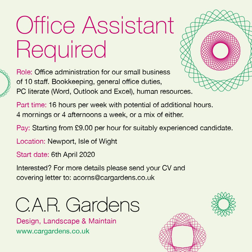 We are hiring. Office assistant required. | C.A.R. Gardens